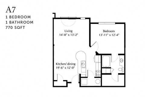 Floor plan for 1 bed, 1 bath, 773 sqft
